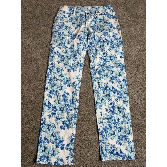 Garnet Hill Denim - Garnet Hill Petite 4 (4P) Blue/White Floral Denim Slim 5-Pocket Jeans